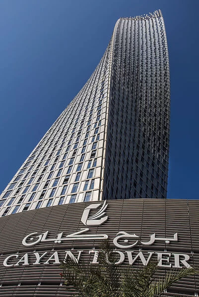 Low angle view of Cayan Tower, Dubai Marina residential district, Dubai, United Arab