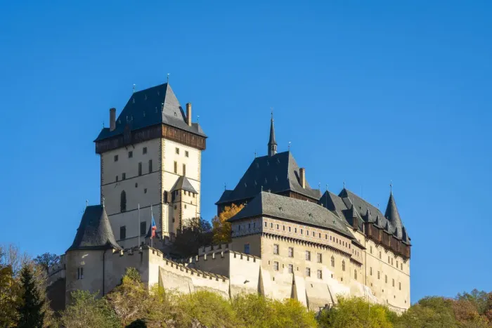 Framed Print : Low angle view of Karlstejn Castle against clear blue sky, Karlstejn, Beroun District, Central Bohemian Region, Czech Republic Framed Print : Low angle view of Karlstejn Castle against clear blue sky, Karlstejn, Beroun District, Central Bohemian Region, Czech Republic