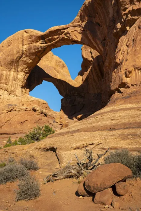 Framed Print : Low angle view of popular Double Arch on sunny day, Arches National Park, Utah, USA Framed Print : Low angle view of popular Double Arch on sunny day, Arches National Park, Utah, USA