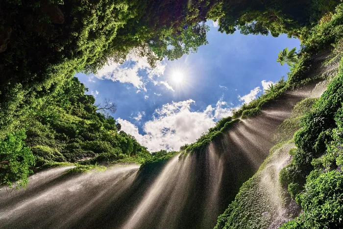 Framed Print : Low angle view of powerful stream of Madakaripura waterfall falling from cliff in the tropical rainforest, Bromo, Java, Indonesia Framed Print : Low angle view of powerful stream of Madakaripura waterfall falling from cliff in the tropical rainforest, Bromo, Java, Indonesia