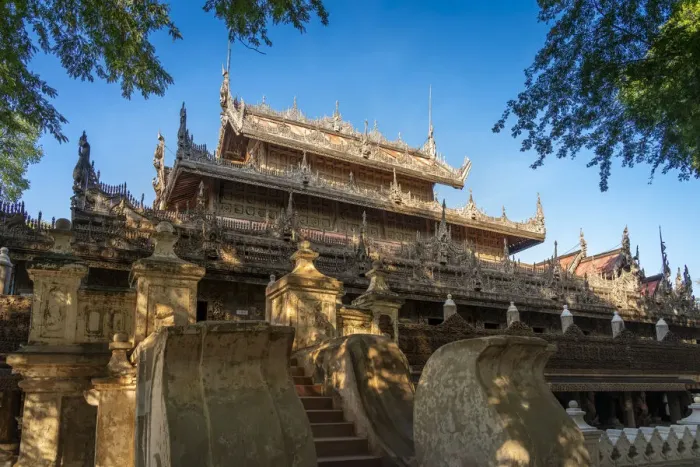 Framed Print : Low angle view of Shwenandaw Monastery made of teak wood, Mandalay, Mandalay Region Framed Print : Low angle view of Shwenandaw Monastery made of teak wood, Mandalay, Mandalay Region