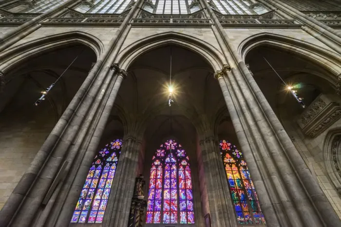 Framed Print : Low angle view of stained glass windows at St. Vitus Cathedral, Prague, Bohemia Framed Print : Low angle view of stained glass windows at St. Vitus Cathedral, Prague, Bohemia