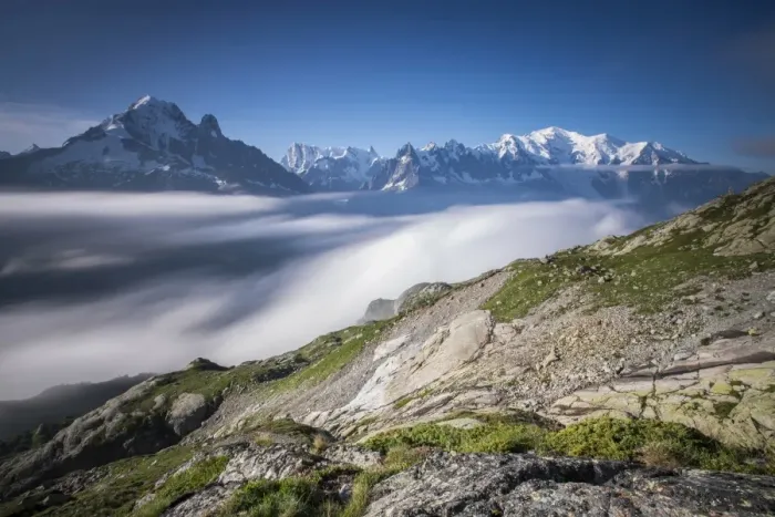 Framed Print : Low clouds and mist frame the snowy peaks of Mont Blanc and Aiguille Verte Chamonix Framed Print : Low clouds and mist frame the snowy peaks of Mont Blanc and Aiguille Verte Chamonix