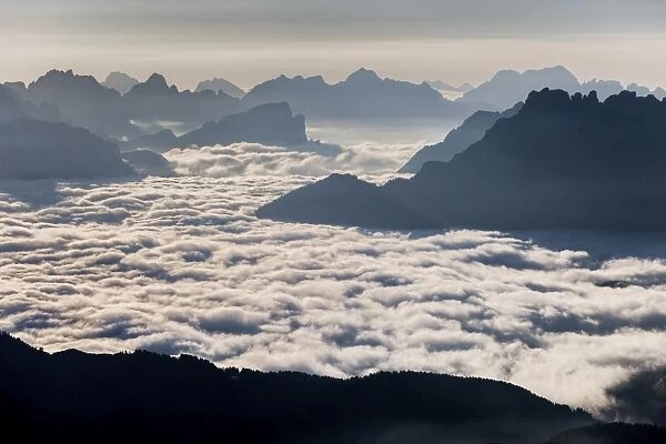 Low fog at Agordino, from le Selle pass, Trentino alto Adige, Italy