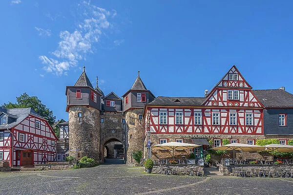 Lower castle gate with market place, Braunfels, Lahn, Lahn valley, Westerwald, Hesse, Germany
