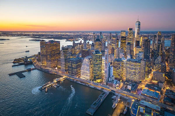 Lower Manhattan, New York City, USA. Aerial view of the Financial District at dusk