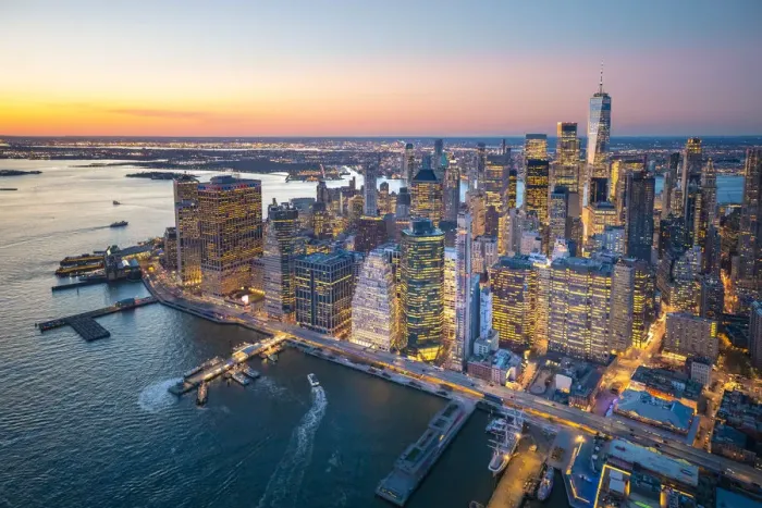 Framed Print : Lower Manhattan, New York City, USA. Aerial view of the Financial District at dusk