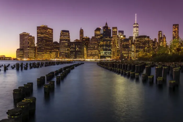 Framed Print : Lower Manhattan skyline at dusk from Brooklyn Bridge Park, Brooklyn, New York, USA Framed Print : Lower Manhattan skyline at dusk from Brooklyn Bridge Park, Brooklyn, New York, USA