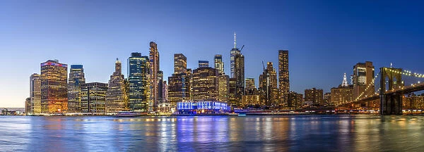 Lower Manhattan skyline and East River at dusk, Manhattan, New York, USA