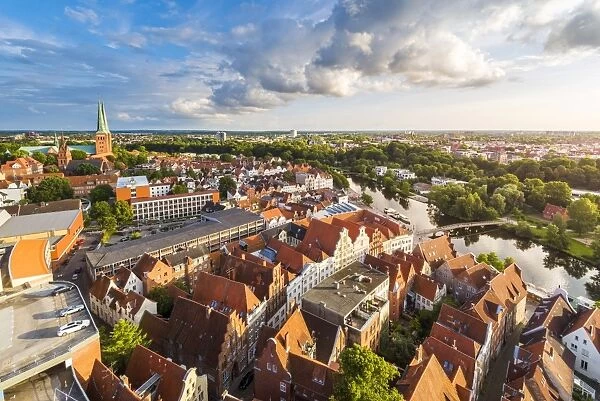 Lubeck, Baltic coast, Schleswig-Holstein, Germany. High angle view over the old town