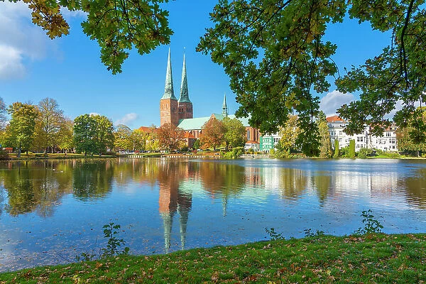 Lubeck Cathedral with reflection on Muhlenteich, Lubeck, UNESCO, Schleswig-Holstein, Germany