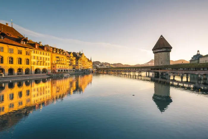 Framed Print : Lucerne, Switzerland. Kapellbrücke (Chapel Bridge) and water tower on Reuss