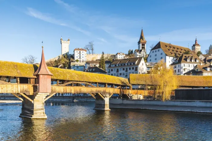 Framed Print : Lucerne, Switzerland. Old wooden bridge over Reuss river and fortified walls Framed Print : Lucerne, Switzerland. Old wooden bridge over Reuss river and fortified walls