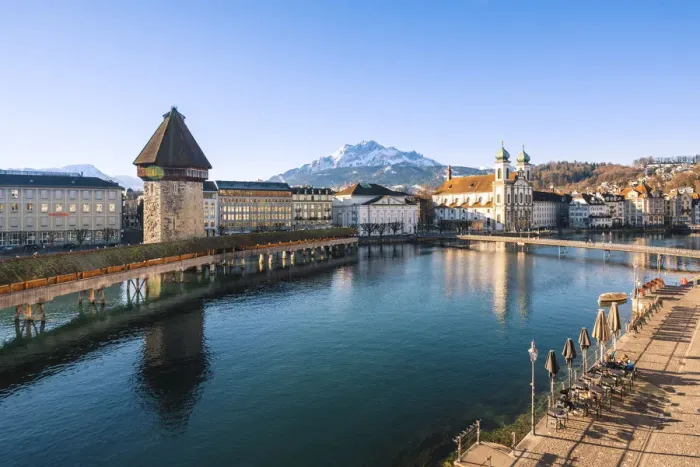 Framed Print : Lucerne, Switzerland. Reuss river view with KapellbrAocke (Chapel Bridge), Jesuit church