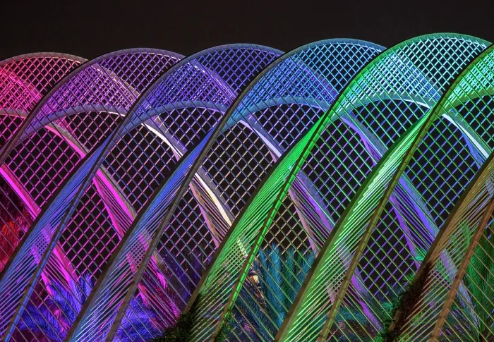 Framed Print : L'Umbracle covered garden, floodlit at night, Ciudad de los artes y ciencias (City of Arts and Sciences), Valencia, Spain Framed Print : L'Umbracle covered garden, floodlit at night, Ciudad de los artes y ciencias (City of Arts and Sciences), Valencia, Spain