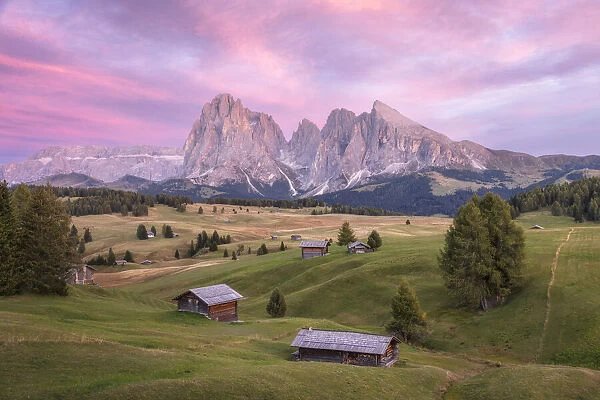 Lush green meadows and some old cabins create the classic alpine landscape at the Alpe di Siusi (Seiser Alm), with the Sassolungo and Sassopiatto in the background. Dolomites, Italy
