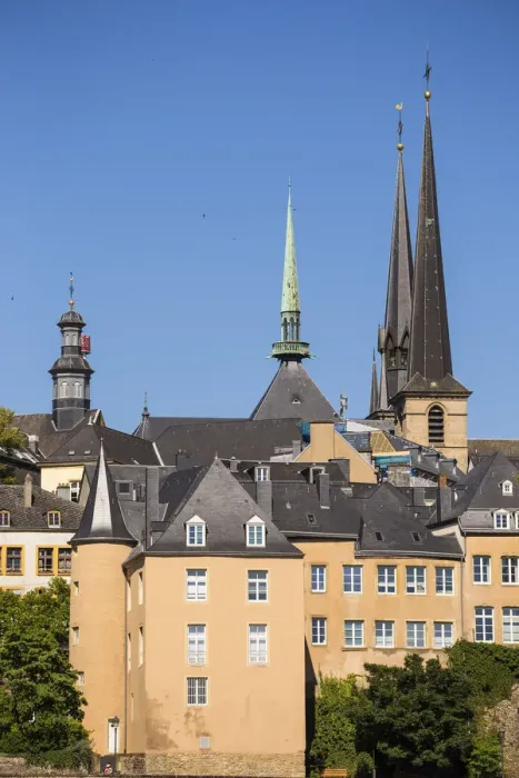 Framed Print : Luxembourg, Luxembourg City, The Corniche (Chemin de la Corniche) and spires of Our Framed Print : Luxembourg, Luxembourg City, The Corniche (Chemin de la Corniche) and spires of Our