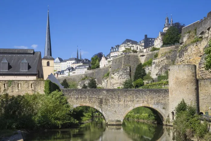 Framed Print : Luxembourg, Luxembourg City, Stierchen stone footbridge and Brock Promontory Framed Print : Luxembourg, Luxembourg City, Stierchen stone footbridge and Brock Promontory