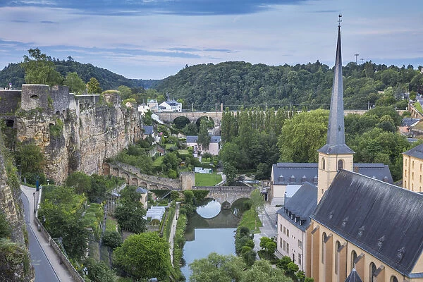 Luxembourg, Luxembourg City, View of Neimenster Abbey and Stierchen stone footbridge