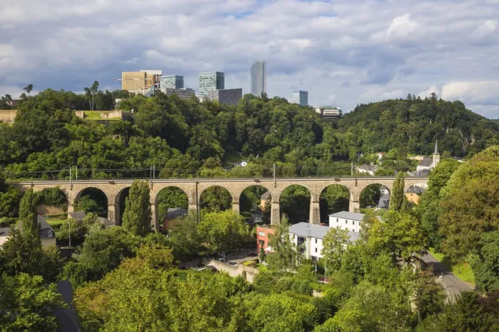 Framed Print : Luxembourg, Luxembourg City, View of Pfaffenthal train viaduct and Kirchberg plateau