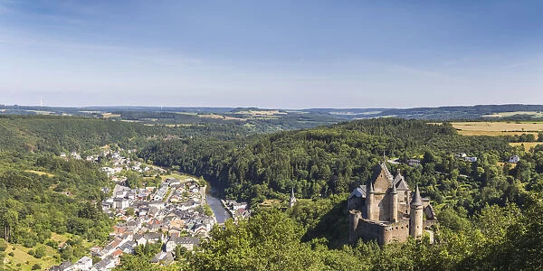 Luxembourg, Vianden, View of Vianden Castle, town and valley