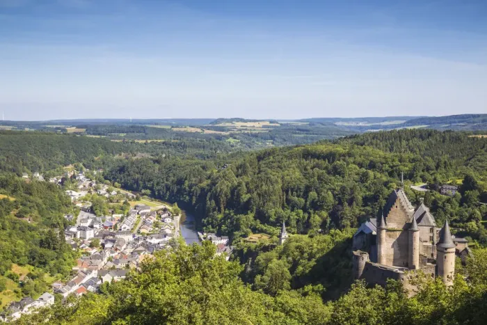 Framed Print : Luxembourg, Vianden, View of Vianden Castle, town and valley Framed Print : Luxembourg, Vianden, View of Vianden Castle, town and valley