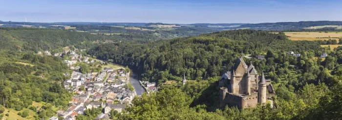 Framed Print : Luxembourg, Vianden, View of Vianden Castle, town and valley Framed Print : Luxembourg, Vianden, View of Vianden Castle, town and valley