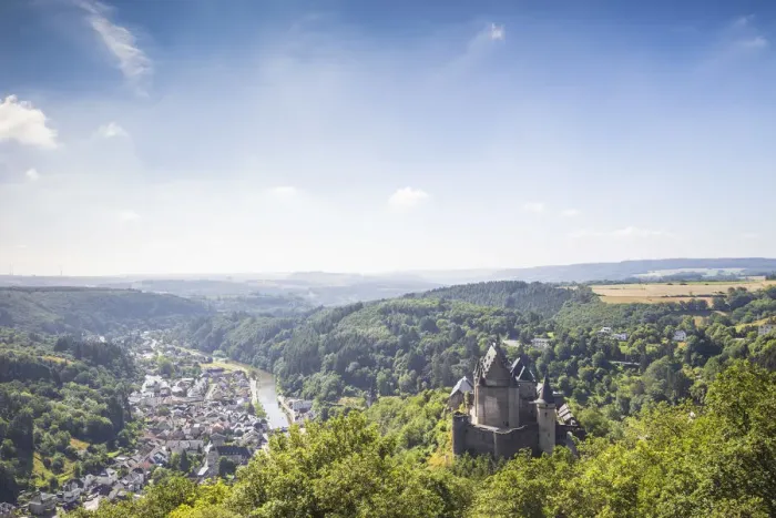 Framed Print : Luxembourg, Vianden, View of Vianden Castle, town and valley Framed Print : Luxembourg, Vianden, View of Vianden Castle, town and valley