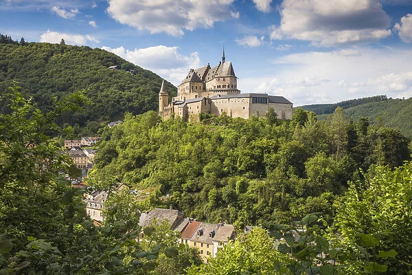 Luxembourg, Vianden, View of Vianden Castle above the town