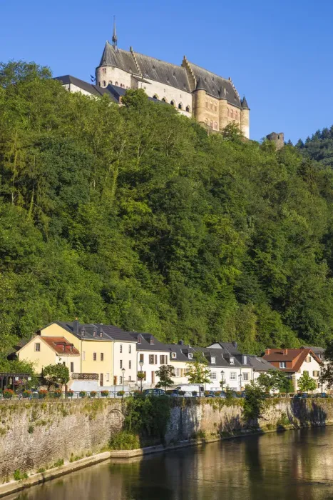 Framed Print : Luxembourg, Vianden, View of Vianden Castle above the town and Our River