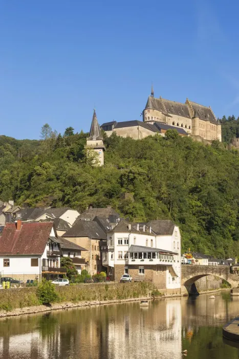 Framed Print : Luxembourg, Vianden, View of Vianden Castle above the town and Our River Framed Print : Luxembourg, Vianden, View of Vianden Castle above the town and Our River