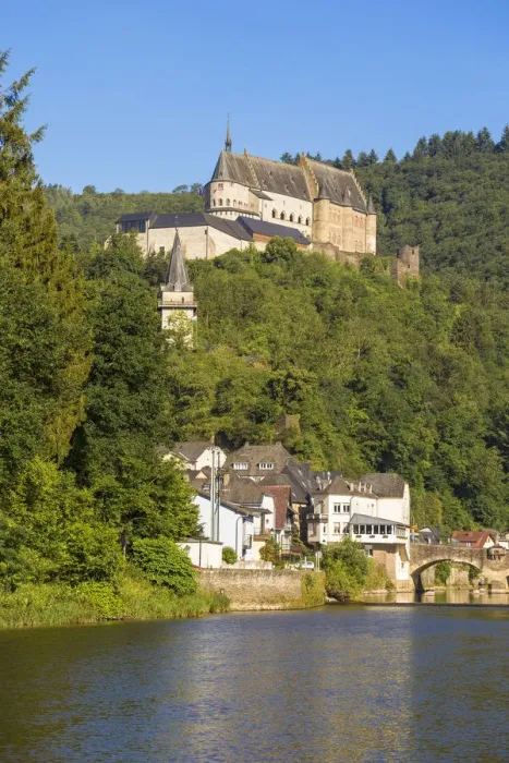 Framed Print : Luxembourg, Vianden, View of Vianden Castle above the town and Our River Framed Print : Luxembourg, Vianden, View of Vianden Castle above the town and Our River