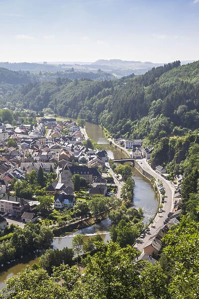 Luxembourg, Vianden, View of Vianden town, river and valley