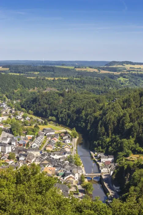 Framed Print : Luxembourg, Vianden, View of Vianden town, river and valley Framed Print : Luxembourg, Vianden, View of Vianden town, river and valley