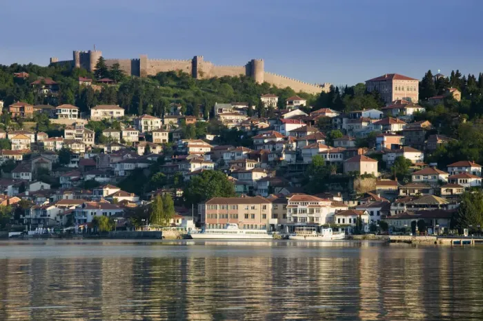 Framed Print : Macedonia, Ohrid, Morning View of Old Town and Car Samoils Castle Framed Print : Macedonia, Ohrid, Morning View of Old Town and Car Samoils Castle
