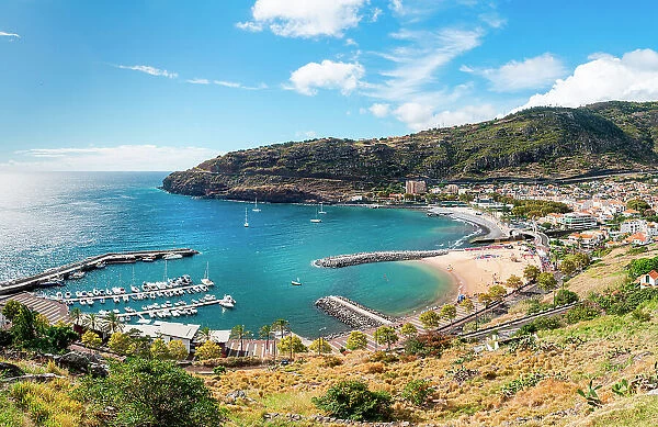 Machico beach with the playa from the Miradouro do Pico do Facho. Madeira, Portugal