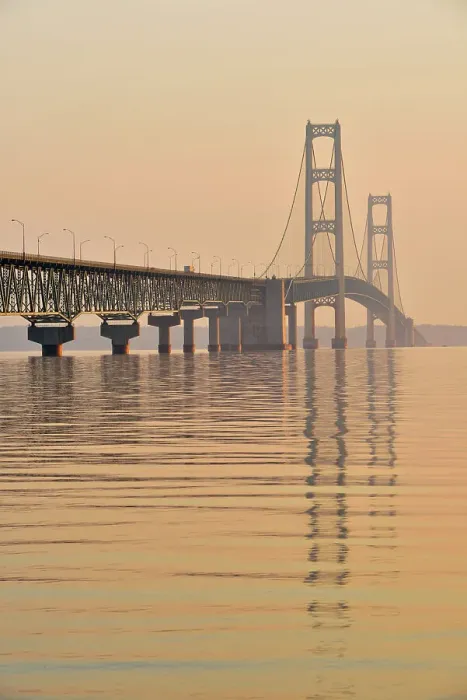Framed Print : Mackinac Bridge across the Straits of Mackinac at dawn, Mackinaw city, Michigan, USA