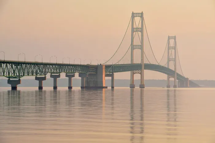 Framed Print : Mackinac Bridge across the Straits of Mackinac at dawn, Mackinaw city, Michigan, USA Framed Print : Mackinac Bridge across the Straits of Mackinac at dawn, Mackinaw city, Michigan, USA