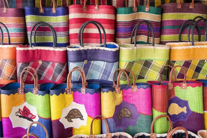 Framed Print : Madagascar, The coloured hand made straw bags typical of Madagascar Framed Print : Madagascar, The coloured hand made straw bags typical of Madagascar