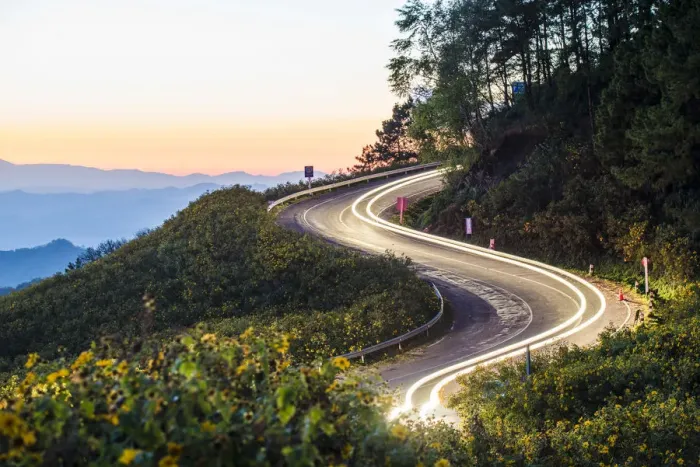 Framed Print : Mae Hong Son, Thailand. Mountain road through the mexican sunflowers fields Framed Print : Mae Hong Son, Thailand. Mountain road through the mexican sunflowers fields