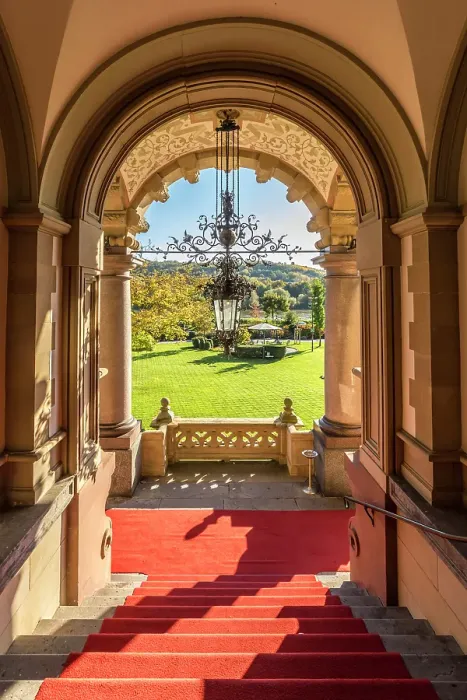 Framed Print : Magnificent entrance portal of Lieser Castle, Lieser, Mosel, Rhineland-Palatinate, Germany