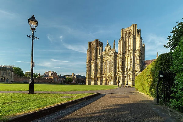 The magnificent west face of Wells Cathedral on a sunny Spring evening, Wells, Somerset, England. Spring (May) 2019