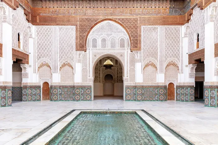 Framed Print : Main courtyard of the Ben Youssef Medersa (old Koranic school), Marrakech, Morocco Framed Print : Main courtyard of the Ben Youssef Medersa (old Koranic school), Marrakech, Morocco