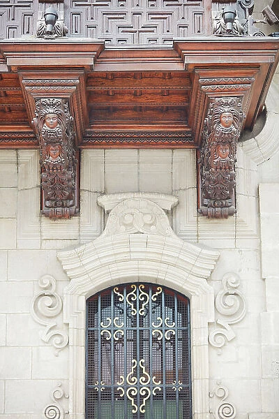 A detail over the main facade of the Archbishops Palace of Lima, Peru. Lima is also known as the 'City of the Kings'and was declared UNESCO World Heritage site in 1988