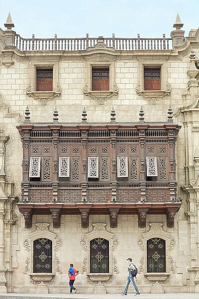 The main facade of the Archbishops Palace of Lima, Peru. Lima is also known as the 'City of the Kings'and was declared UNESCO World Heritage site in 1988