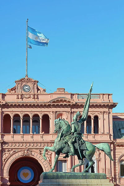 The main facade of the Casa Rosada with the equestrian monument to General Manuel Belgrano in foreground, Plaza de Mayo, Buenos Aires, Argentina