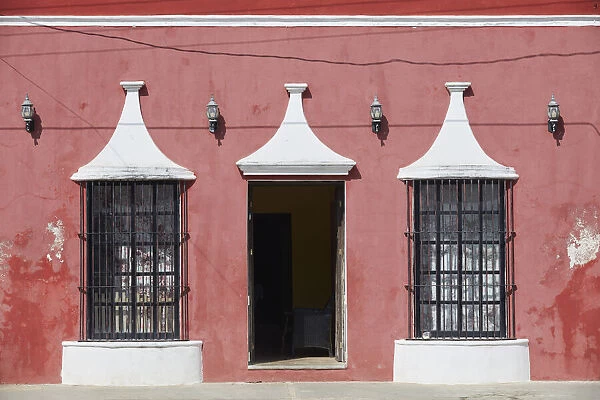 The main facade of a colonial architecture house in Becal, Campeche, Yucatan, Mexico. Becal is a small village of traditional Mayan weavers