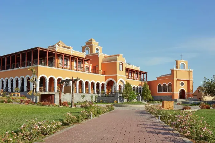 Framed Print : The main facade of La Caravedo'Hacienda & Distillery, Ica, Peru. La Caravado is the producer of the famous Pisco Porton