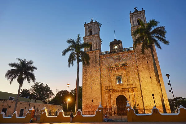The main facade of the San Gervasio Church Cathedral at sunrise, Valladolid, Yucatan, Mexico