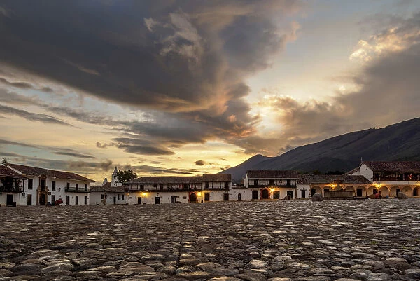 Main Square, Plaza Mayor, sunrise, Villa de Leyva, Boyaca Department, Colombia
